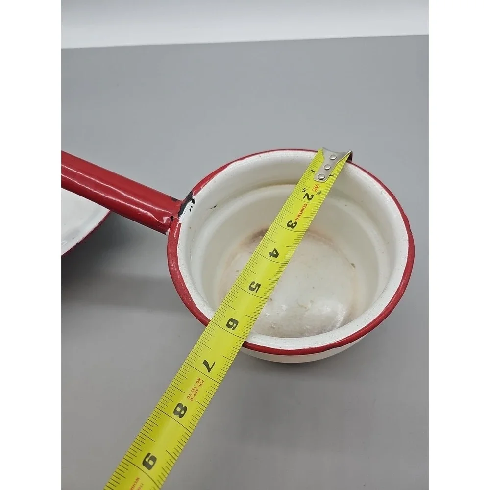 Collectible Vintage Enamelware Saucepan Pot White with Red‎ Trim Handle Lid